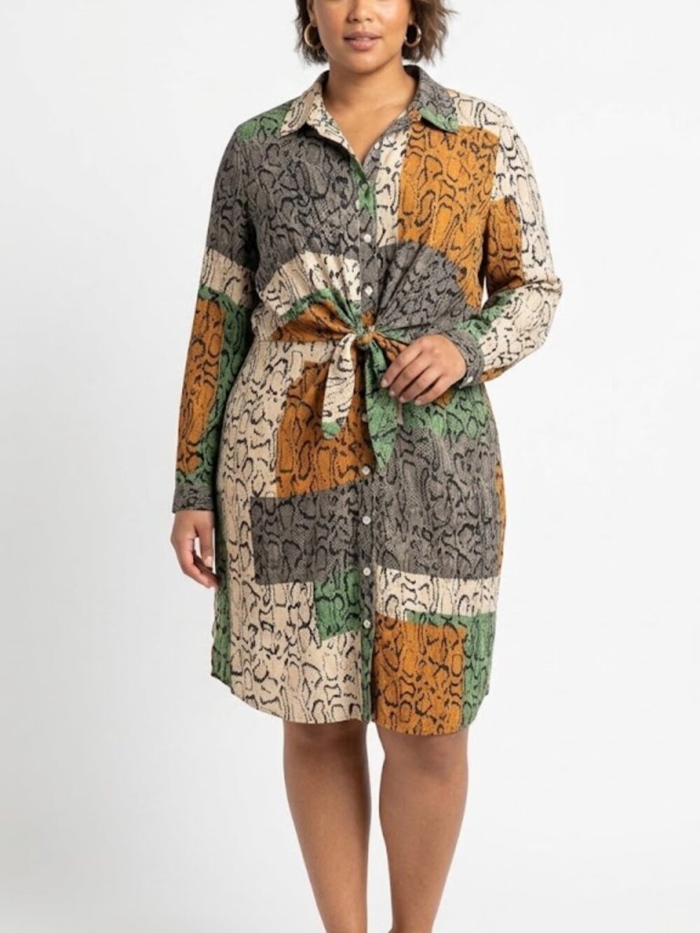 Nine West Snake Print Colorblock Tie-Waist Shirt Dress Size XL